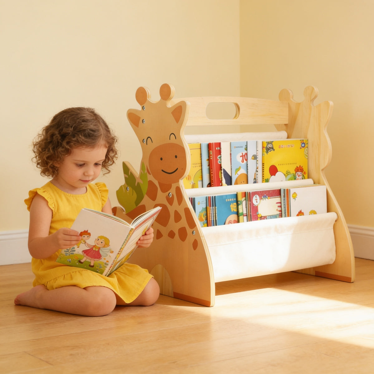 Lumiwee Alder Montessori book rack: giraffe book rack with a girl reading beside it