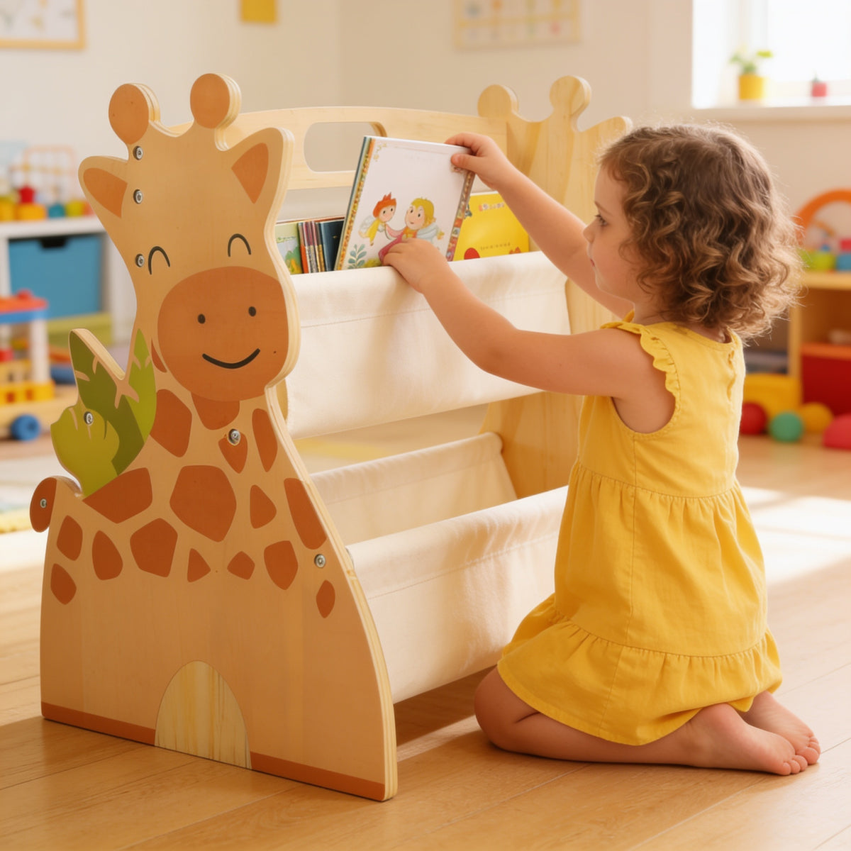 Lumiwee Alder Montessori book rack: girl sliding a book into the sling