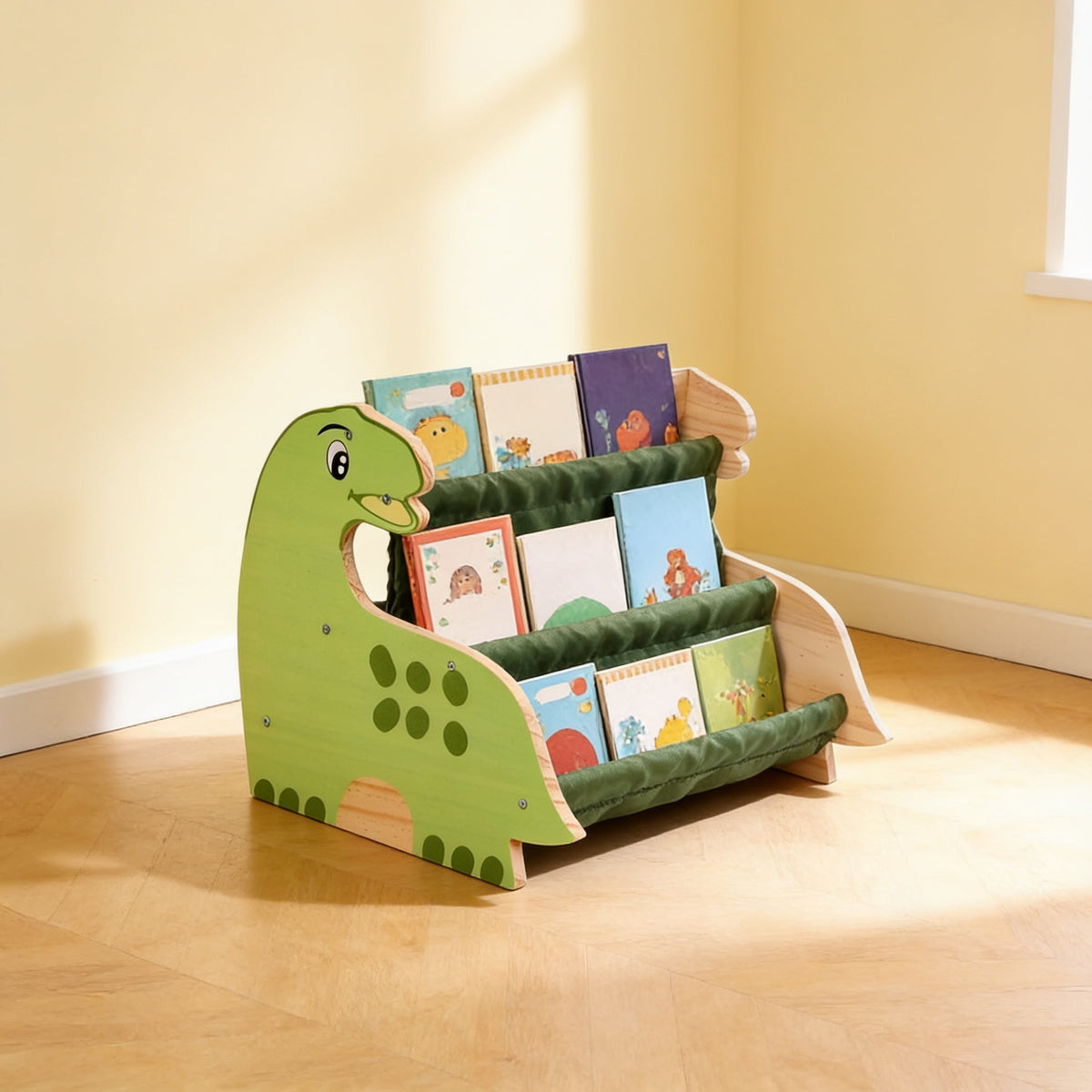 Lumiwee Alder Montessori book rack, Dinosaur option, in a bright room