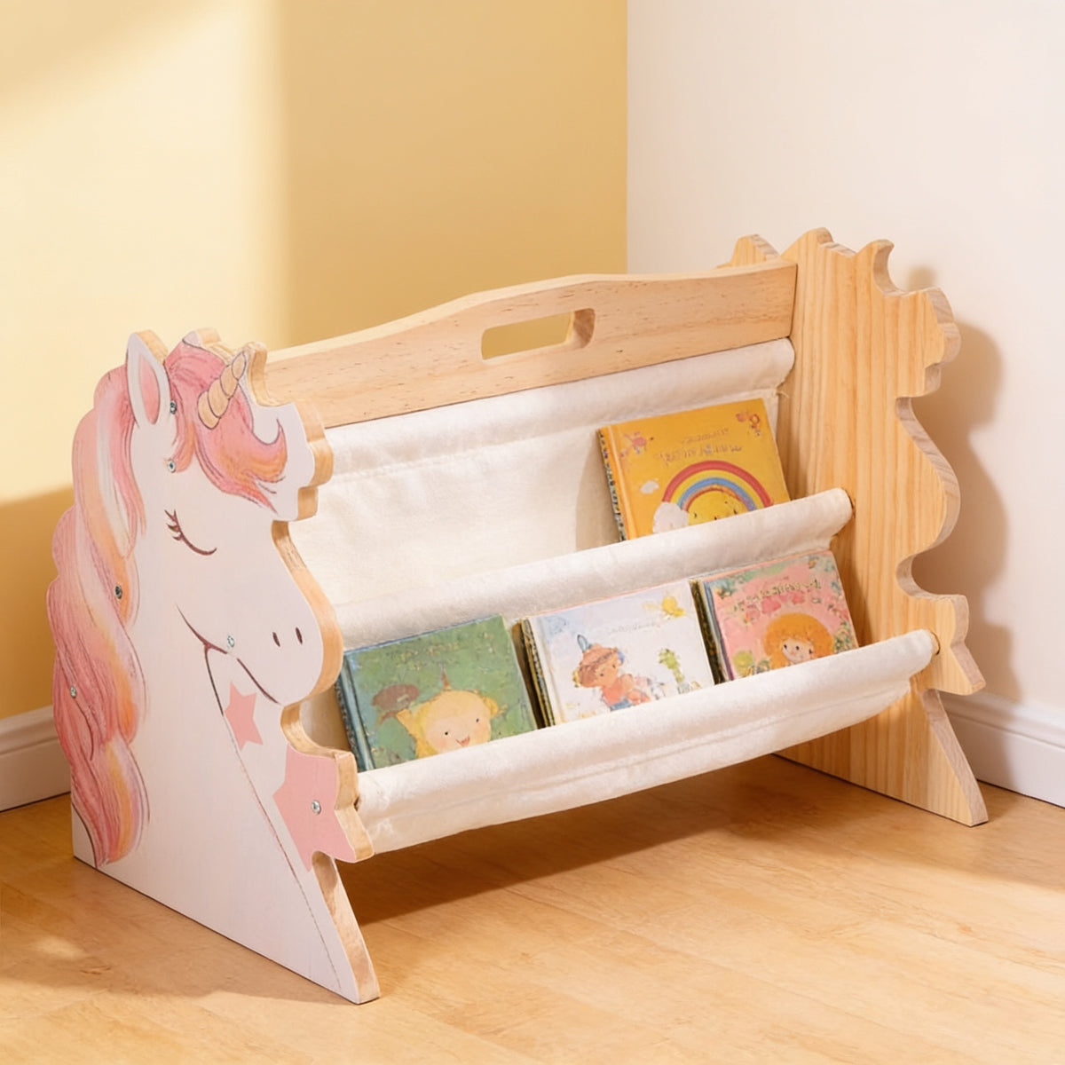Lumiwee Alder Montessori book rack, Unicorn option, in a bright room
