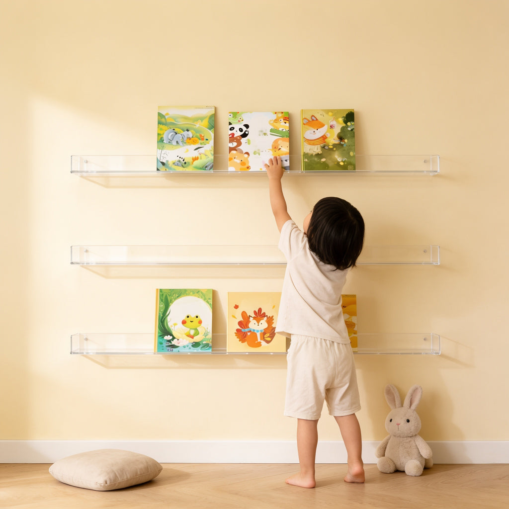 Lumiwee Aspen wall-mounted picture book shelf: child taking a book from the lowest ledge
