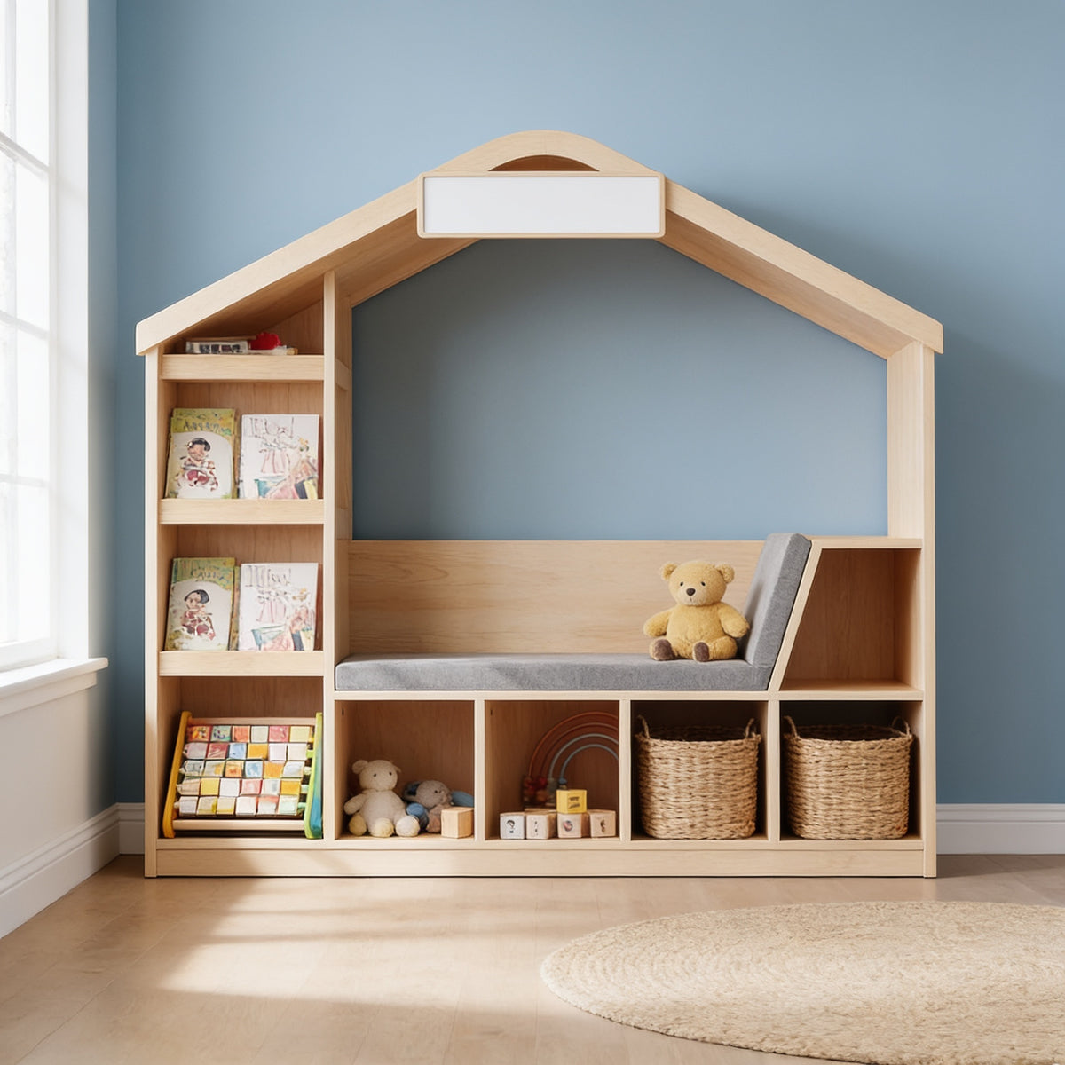 Lumiwee Birch natural wood kids bookshelf with reading nook: natural wood house-shaped bookcase with reading bench in a blue kids room
