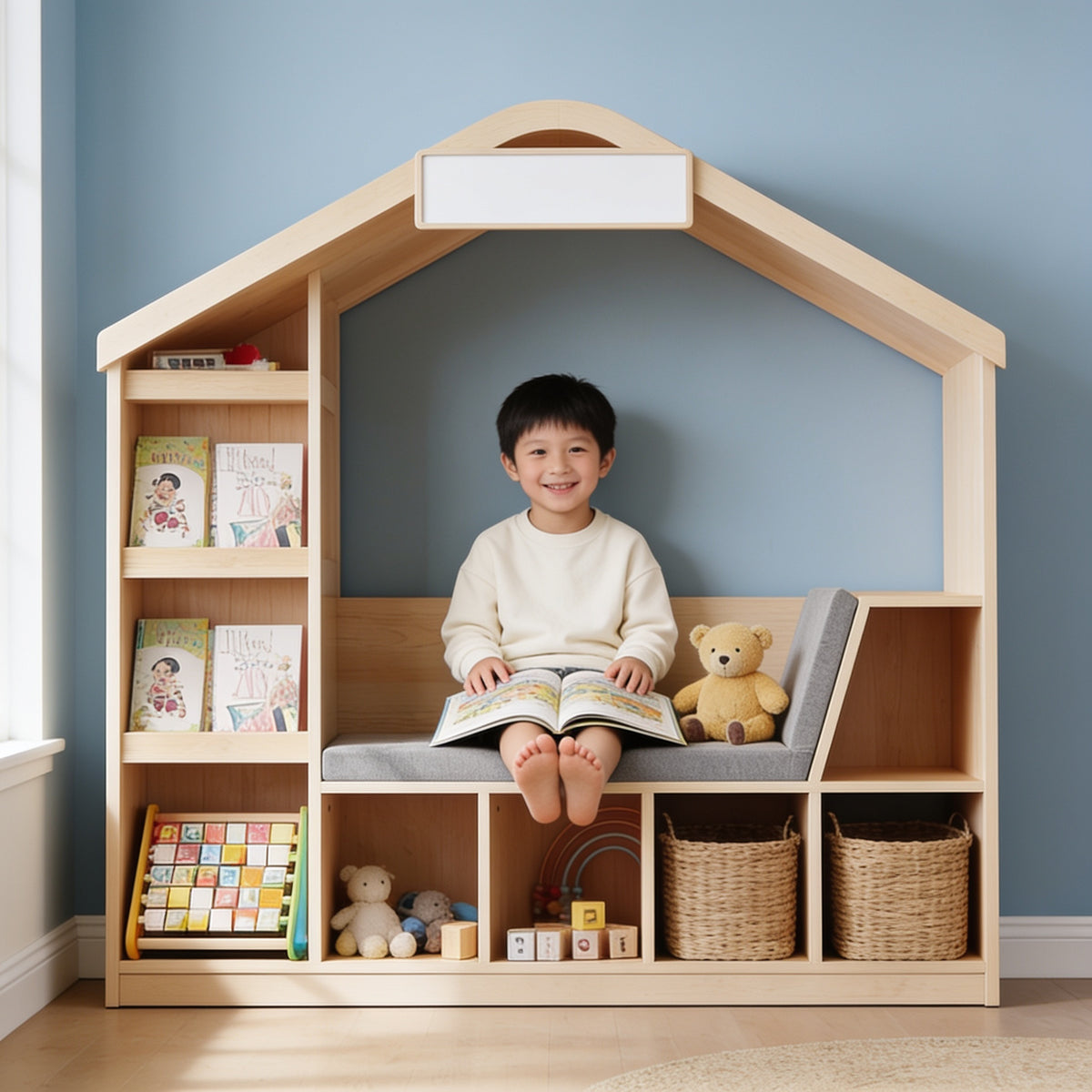 Lumiwee Birch natural wood kids bookshelf with reading nook: child reading a picture book on the nook bench