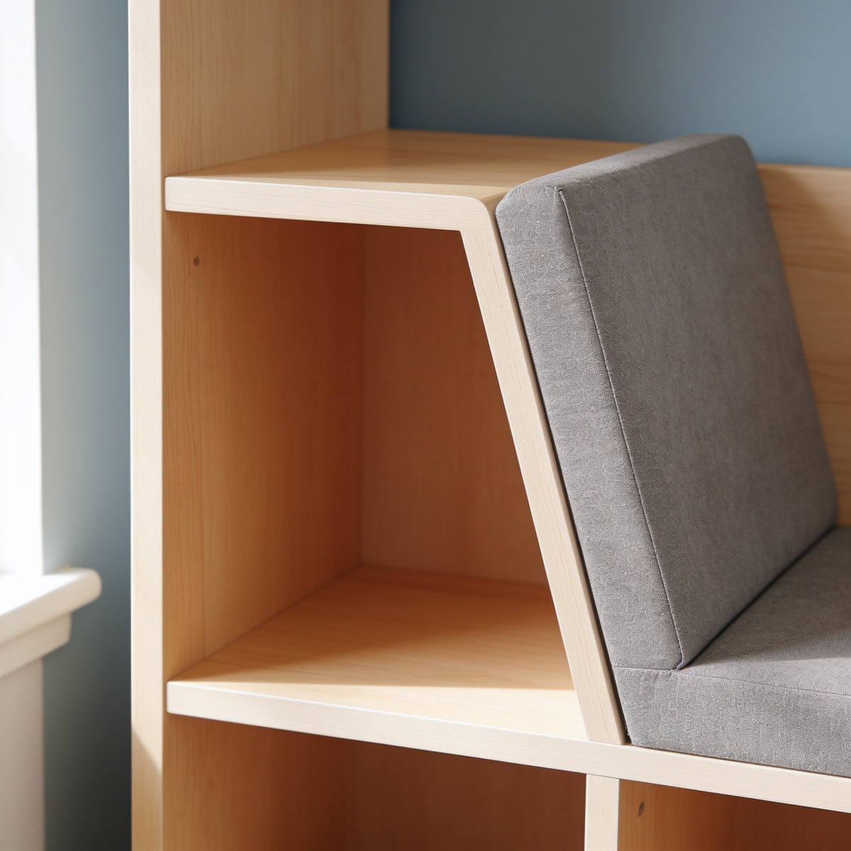 Lumiwee Birch natural wood kids bookshelf with reading nook: close-up of the grey bench cushion and wood frame