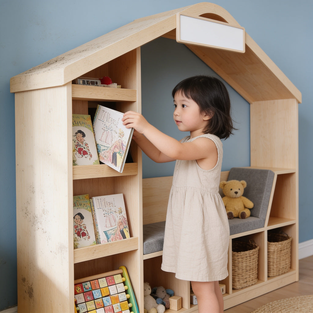 Lumiwee Birch natural wood kids bookshelf with reading nook: child sliding a book onto a face-out tier