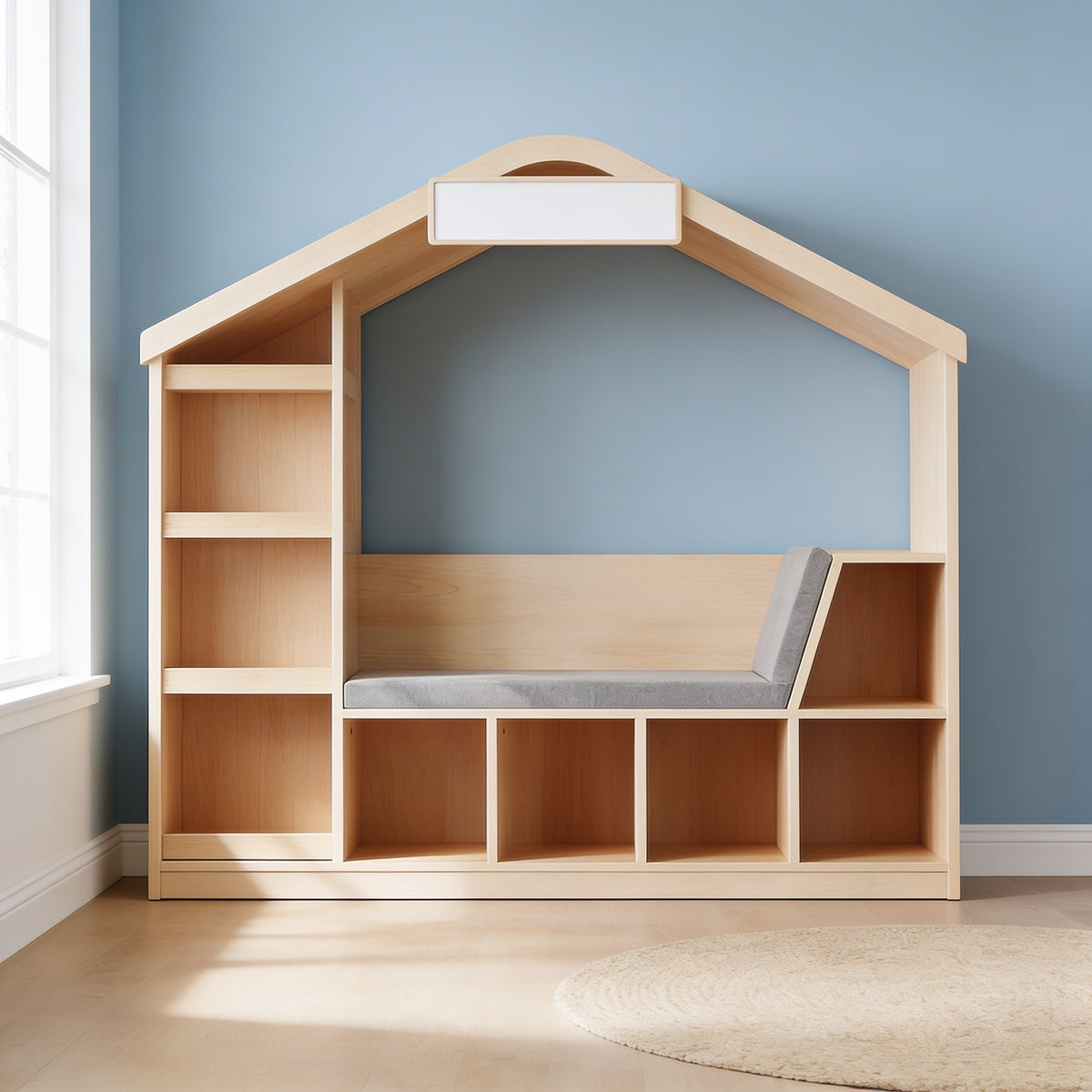 Lumiwee Birch natural wood kids bookshelf with reading nook: empty bookcase showing the tiers, bench and 5 cubbies