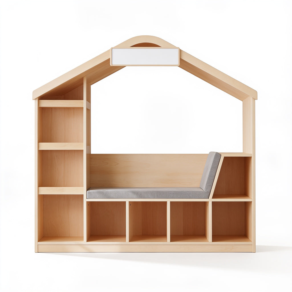 Lumiwee Birch natural wood kids bookshelf with reading nook: natural wood kids bookcase with reading nook on a white background