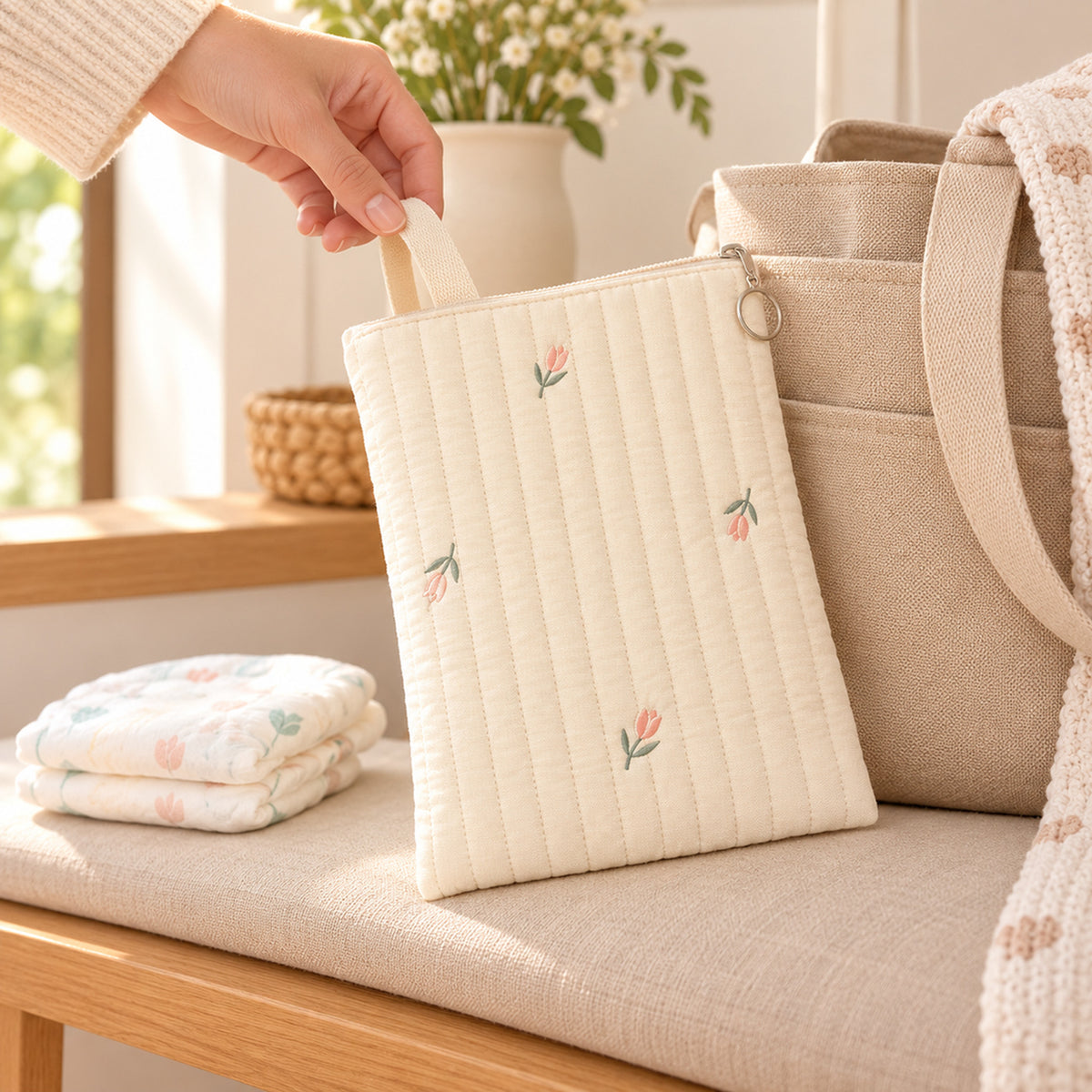 Lumiwee Bloom Quilted Embroidered Diaper Pouch: adult hand lifting the Tulip quilted diaper pouch beside a diaper tote