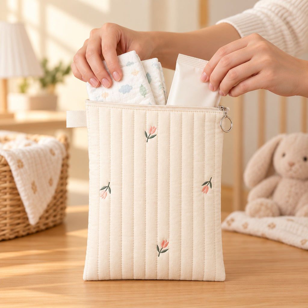 Lumiwee Bloom Quilted Embroidered Diaper Pouch: adult hands packing diapers and wipes into the upright pouch
