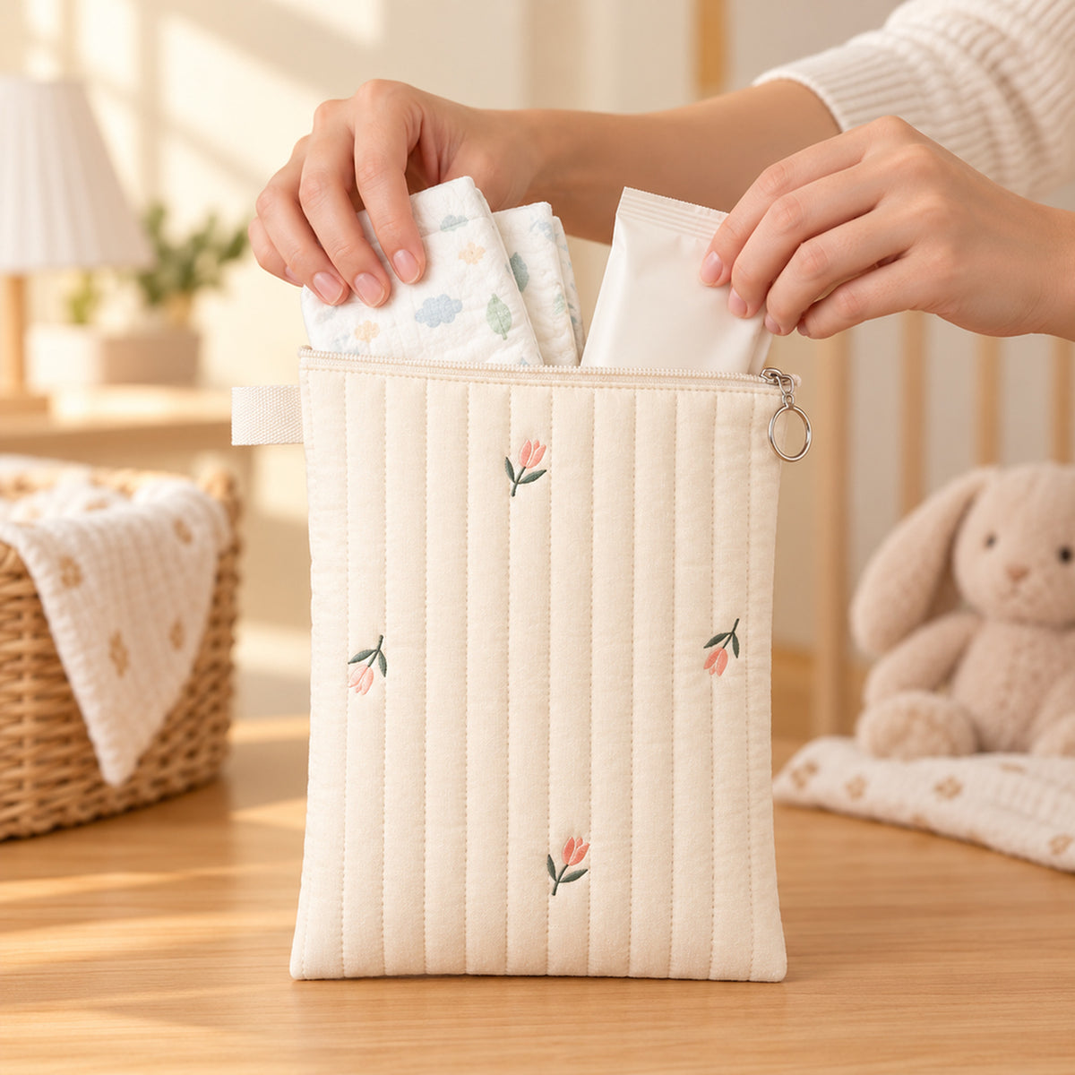 Lumiwee Bloom Quilted Embroidered Diaper Pouch: adult hands packing diapers and wipes into the upright pouch
