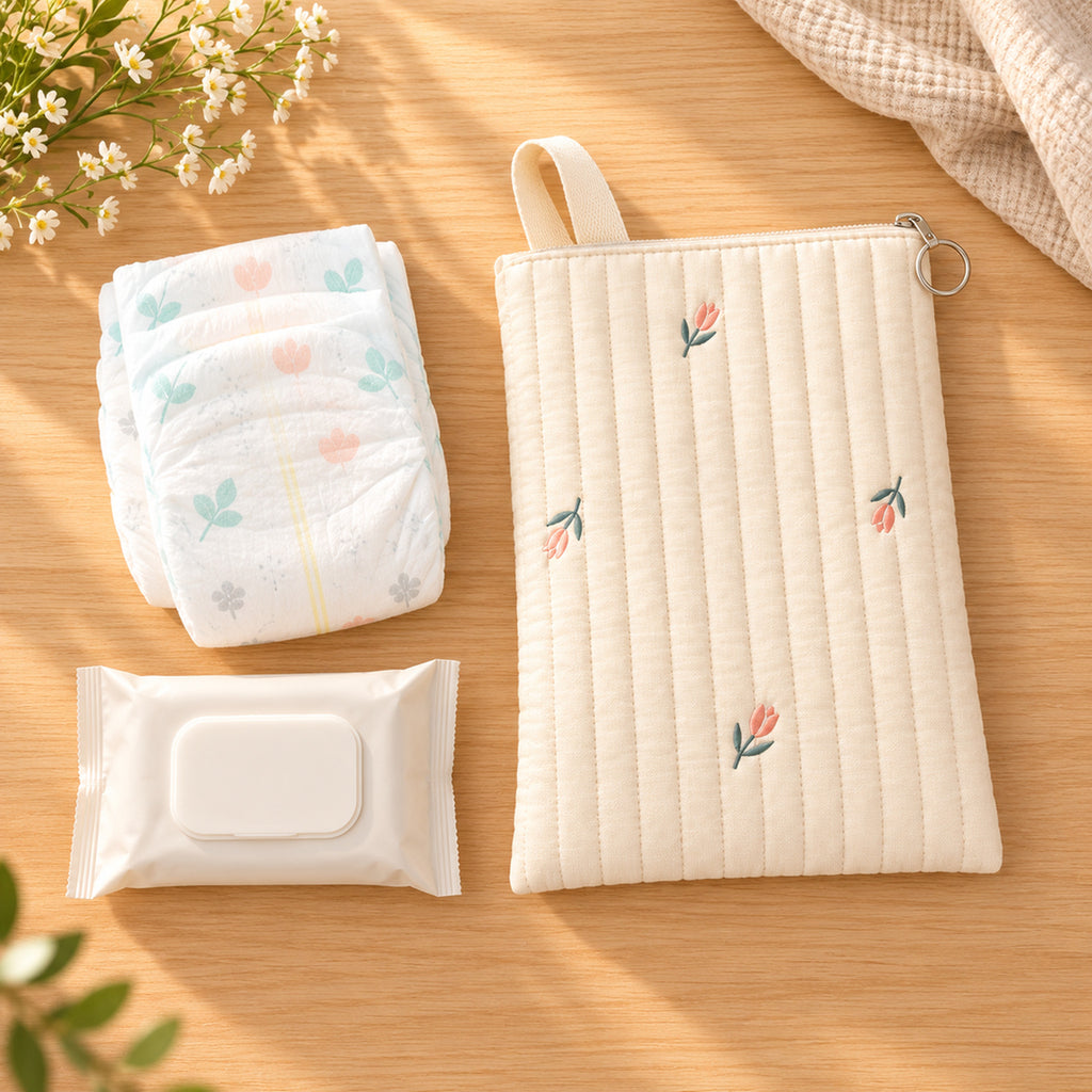 Lumiwee Bloom Quilted Embroidered Diaper Pouch: Tulip diaper pouch beside two diapers and a small wipes pack