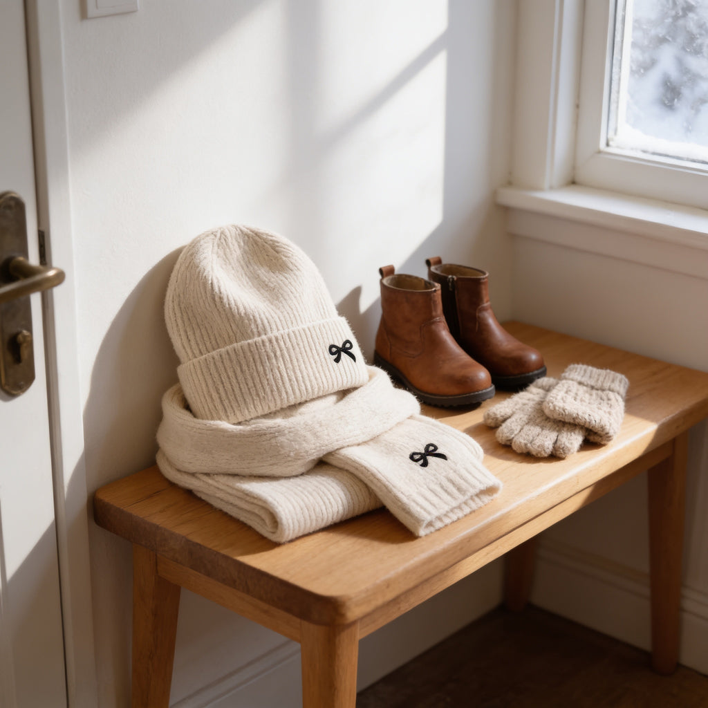 Lumiwee Bow knit kids hat and scarf set: cream knit hat and scarf on an entryway bench with boots