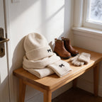Lumiwee Bow knit kids hat and scarf set: cream knit hat and scarf on an entryway bench with boots