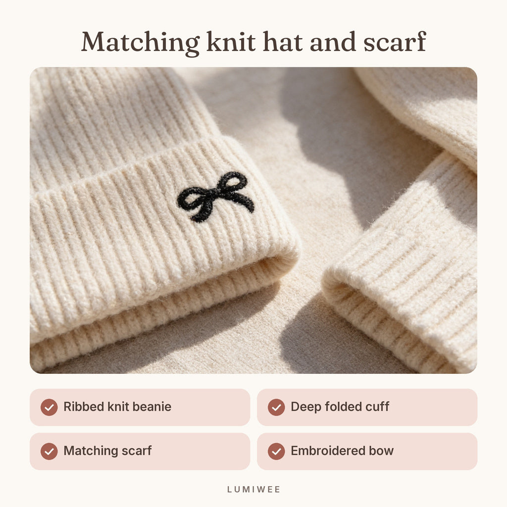 Lumiwee infographic: Bow - Matching knit hat and scarf