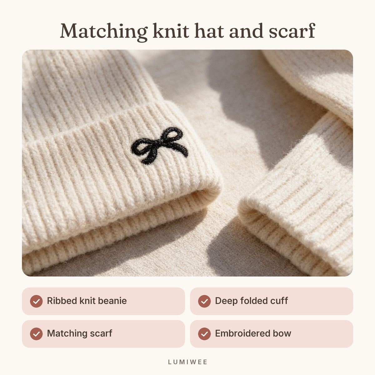 Lumiwee infographic: Bow - Matching knit hat and scarf