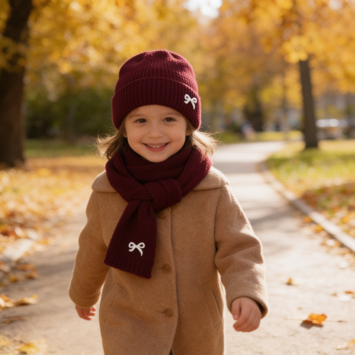 Lumiwee Bow knit kids hat and scarf set, Burgundy option, in a bright room