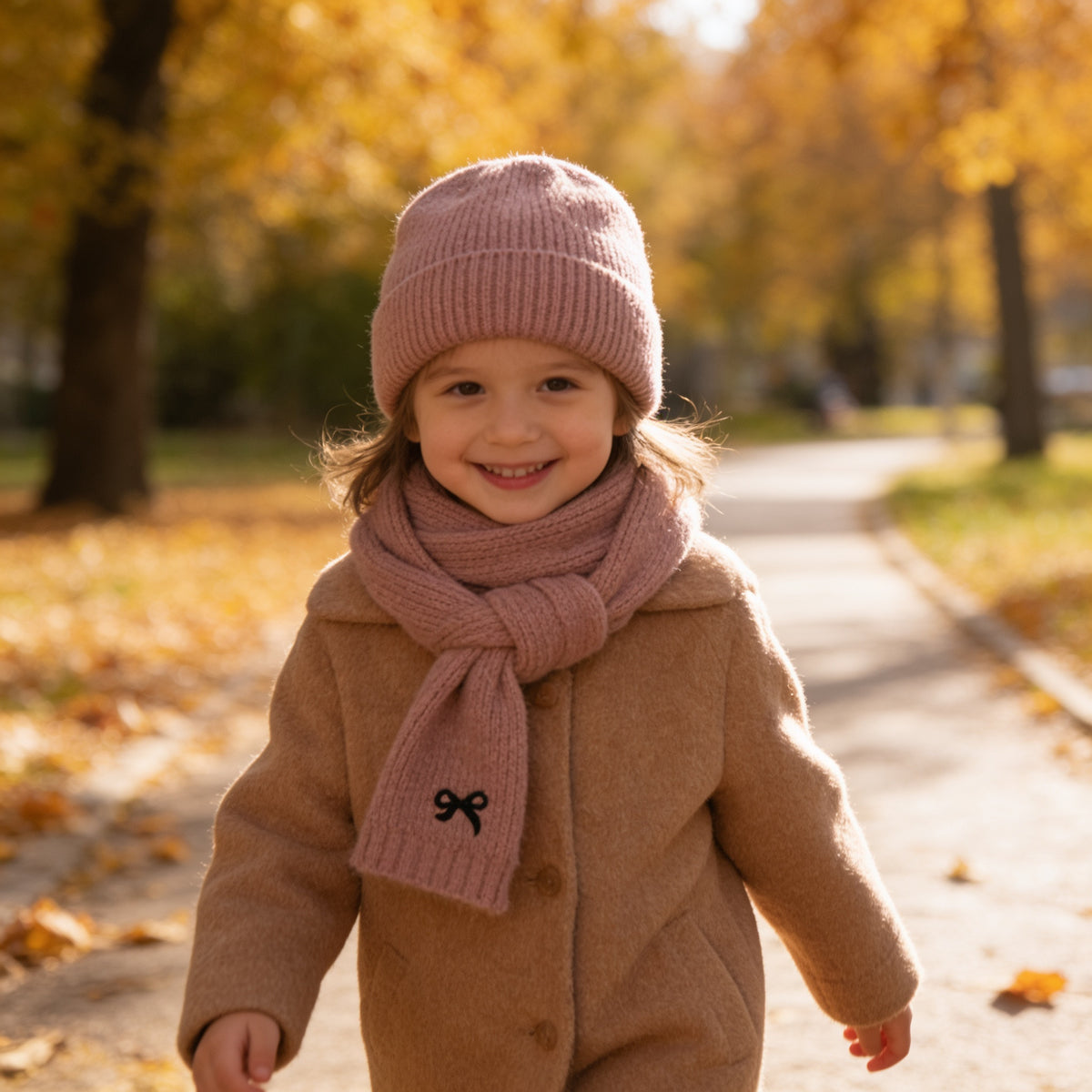 Lumiwee Bow knit kids hat and scarf set, Dusty Pink option, in a bright room
