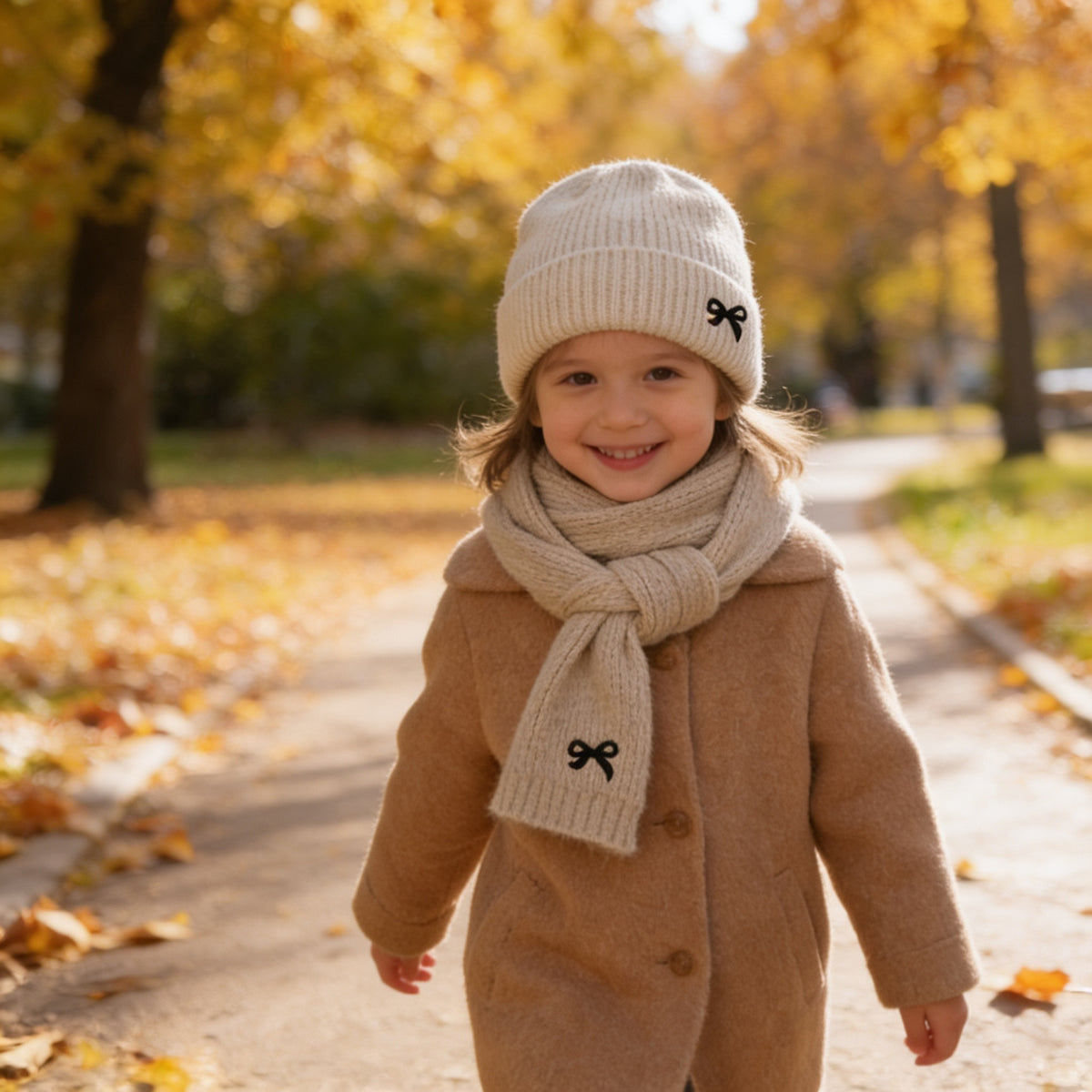 Lumiwee Bow knit kids hat and scarf set, Oatmeal option, in a bright room