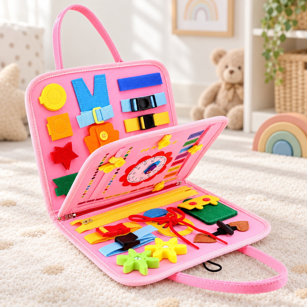 Lumiwee Bramble light pink busy board open on a nursery rug