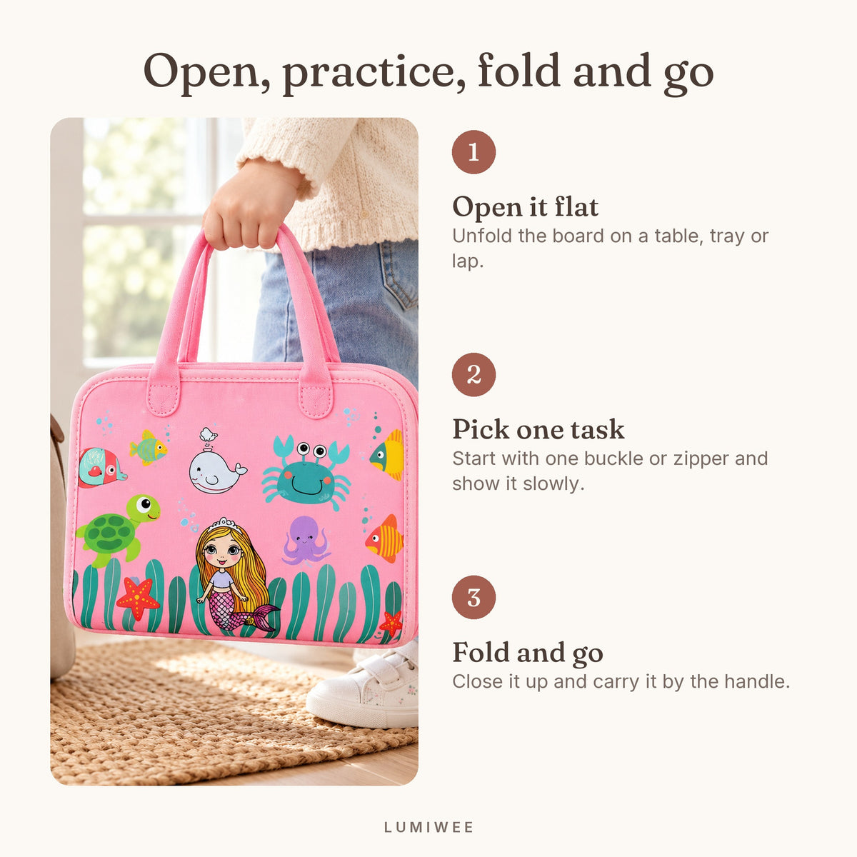 Lumiwee infographic: Bramble - Open, practice, fold and go