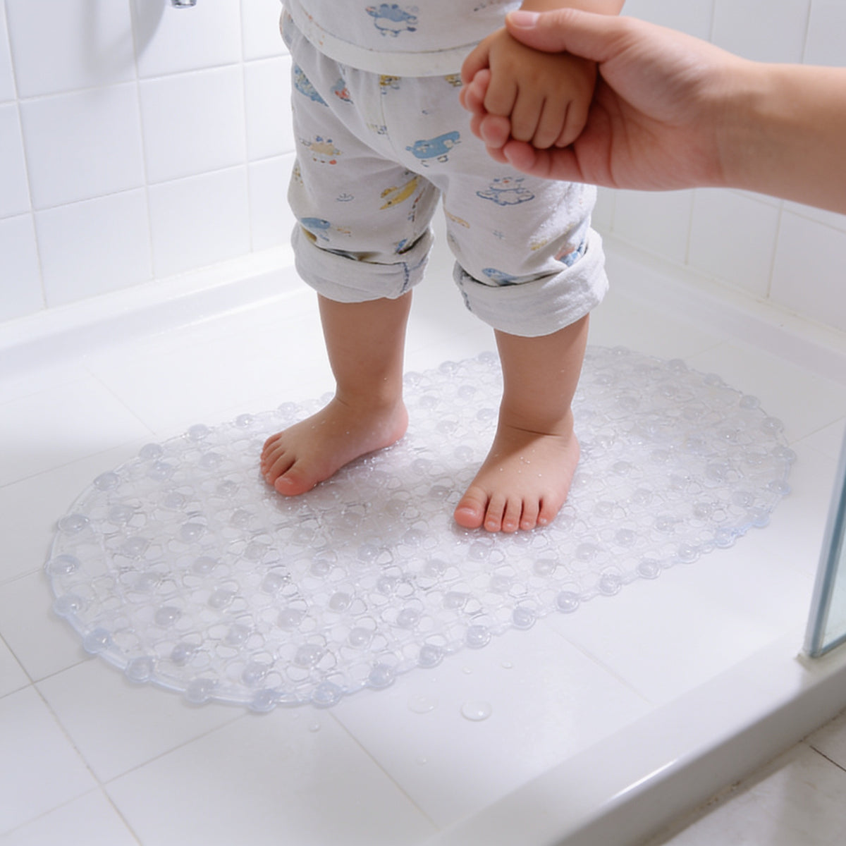 Lumiwee Brook kids suction-cup shower mat: toddler feet standing on the mat, holding a hand