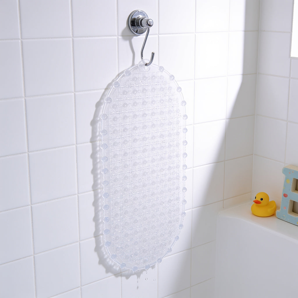 Lumiwee Brook kids suction-cup shower mat: the mat hanging on a hook to dry