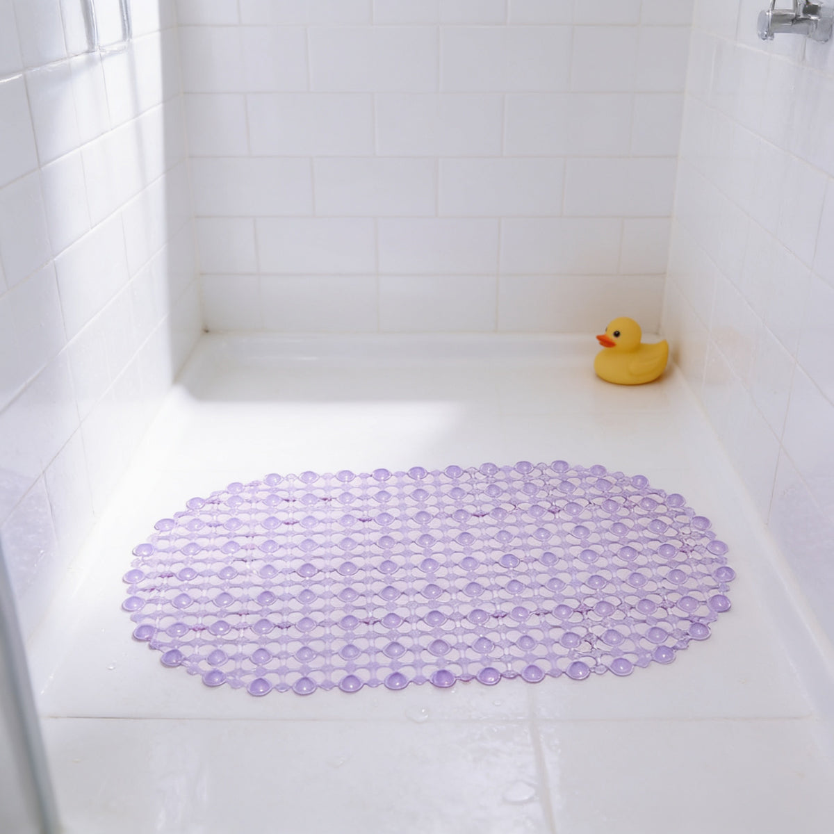 Lumiwee Brook kids suction-cup shower mat, Lavender option, in a bright room