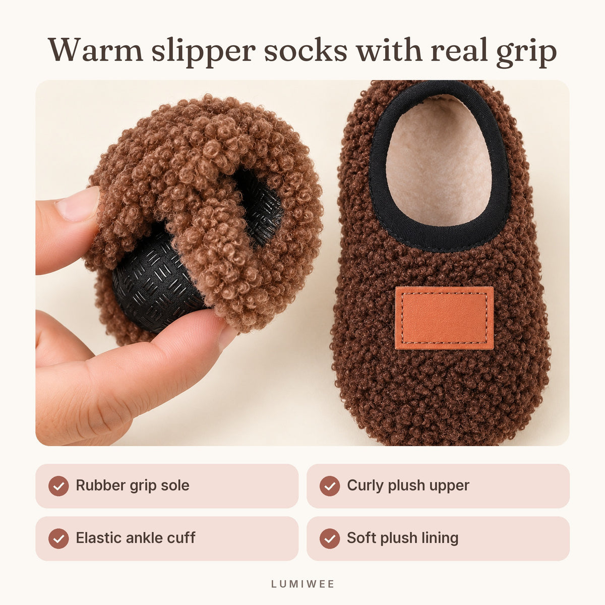 Lumiwee infographic: Burrow - Warm slipper socks with real grip