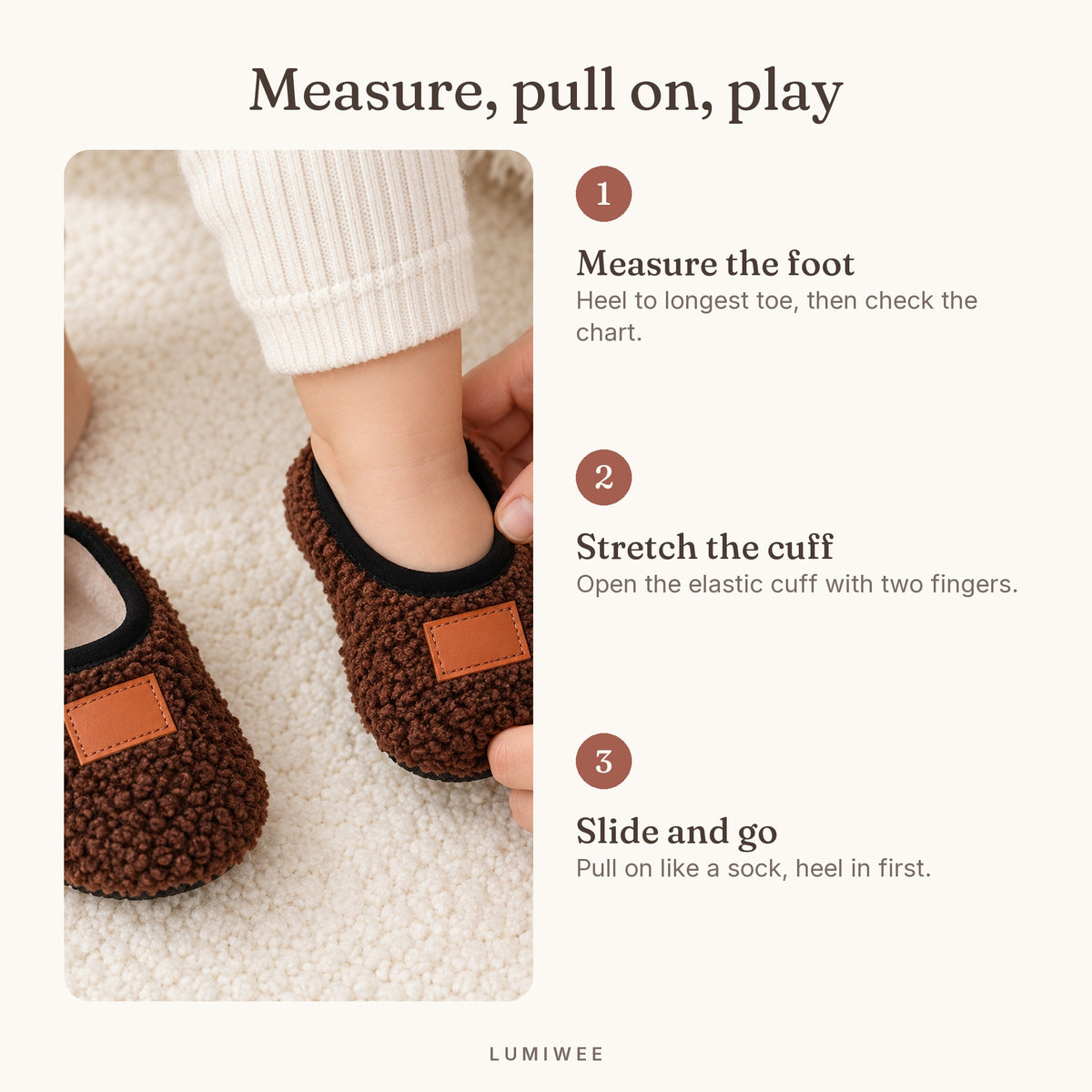 Lumiwee infographic: Burrow - Measure, pull on, play