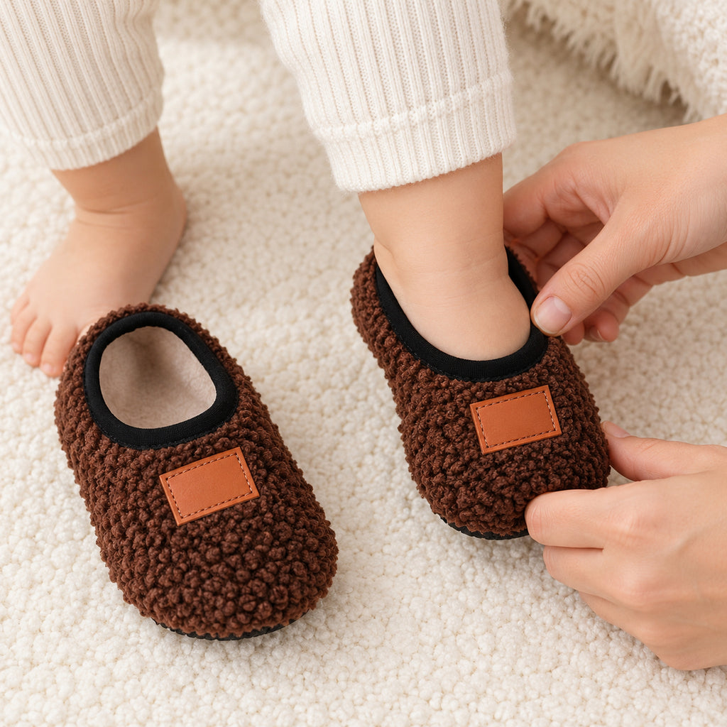 Caregiver helping a toddler pull on Lumiwee Burrow slipper socks