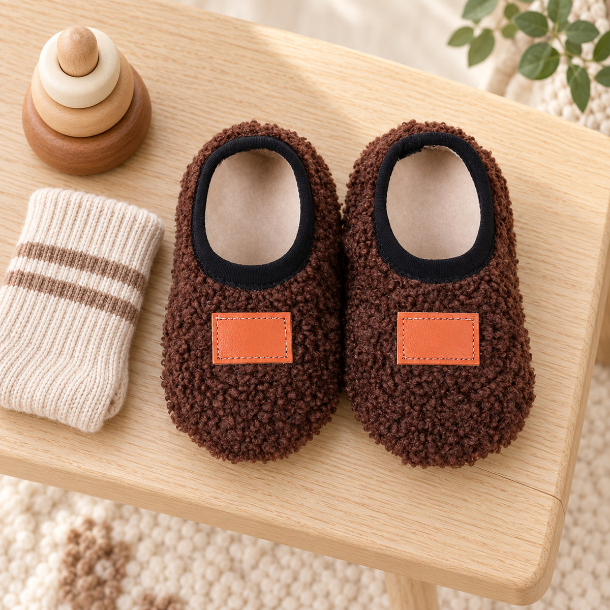 Brown Lumiwee Burrow toddler slipper socks beside a knit sock and wooden stacking toy