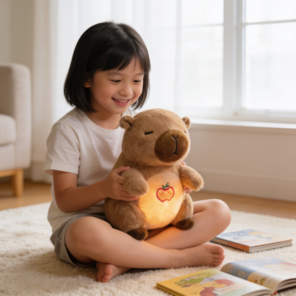 Lumiwee Capy breathing plush: child holding the capybara plush on a rug