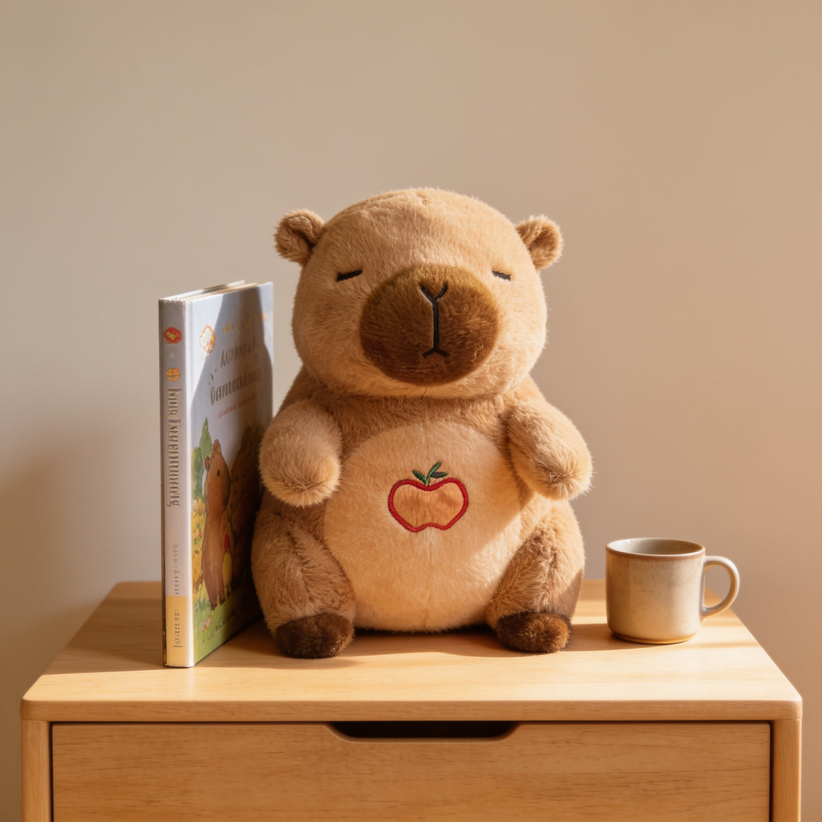 Lumiwee Capy breathing plush: capybara plush next to a picture book for scale