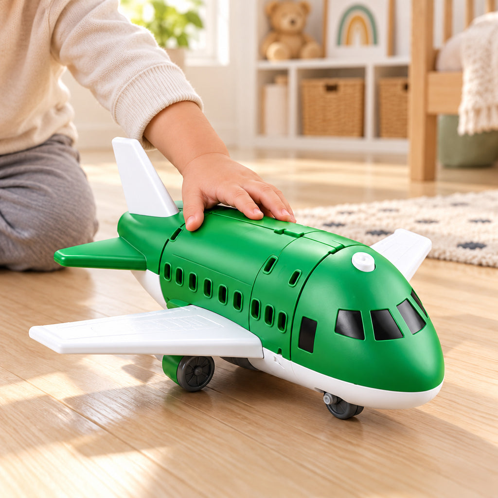 Toddler pushing the closed green Lumiwee Cargo airplane toy on a playroom floor