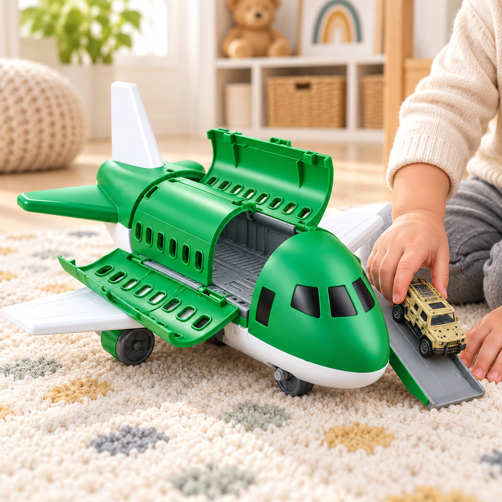 Toddler rolling a toy car down the ramp of the open Lumiwee Cargo airplane