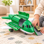 Toddler rolling a toy car down the ramp of the open Lumiwee Cargo airplane