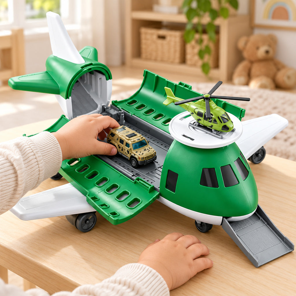 Toddler loading a toy car into the open Lumiwee Cargo airplane with helicopter on top