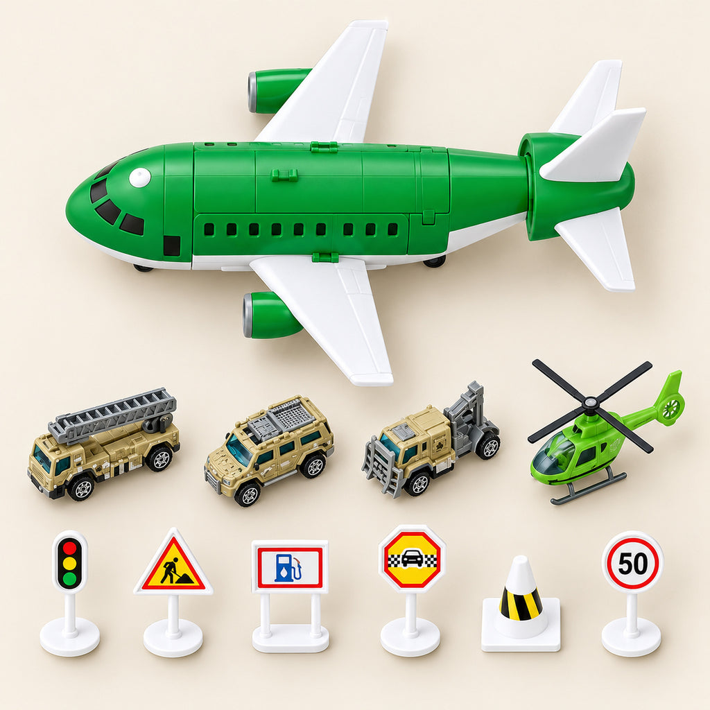 Complete green Lumiwee Cargo airplane toy set with three cars, helicopter and six road signs
