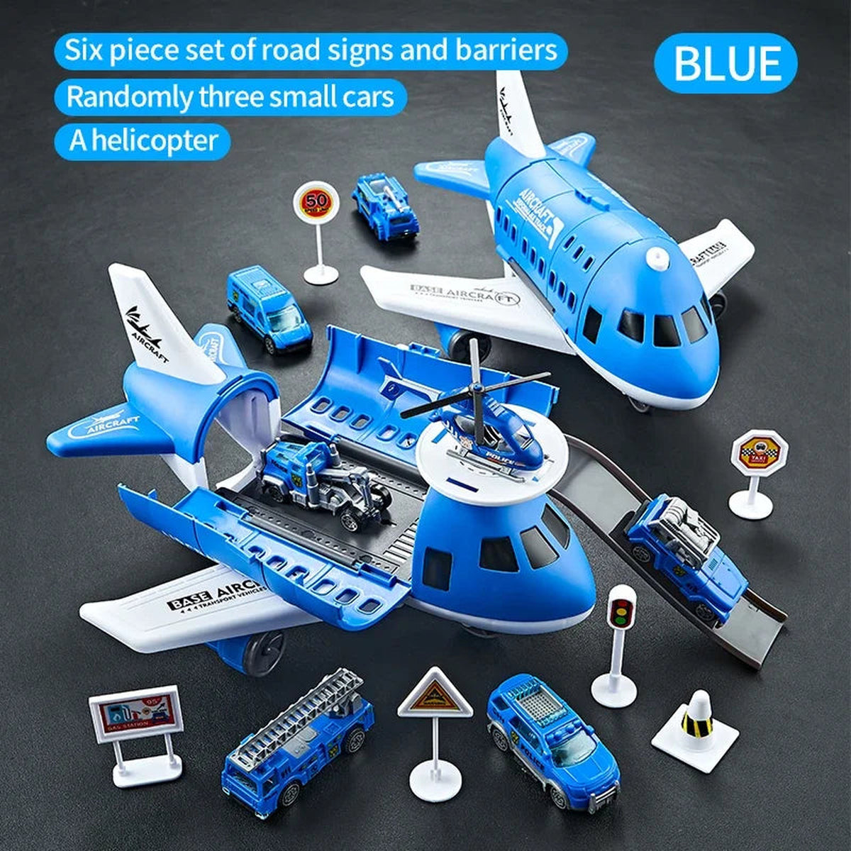 Lumiwee Cargo Airplane Toy Set with Cars and Helicopter, Blue option