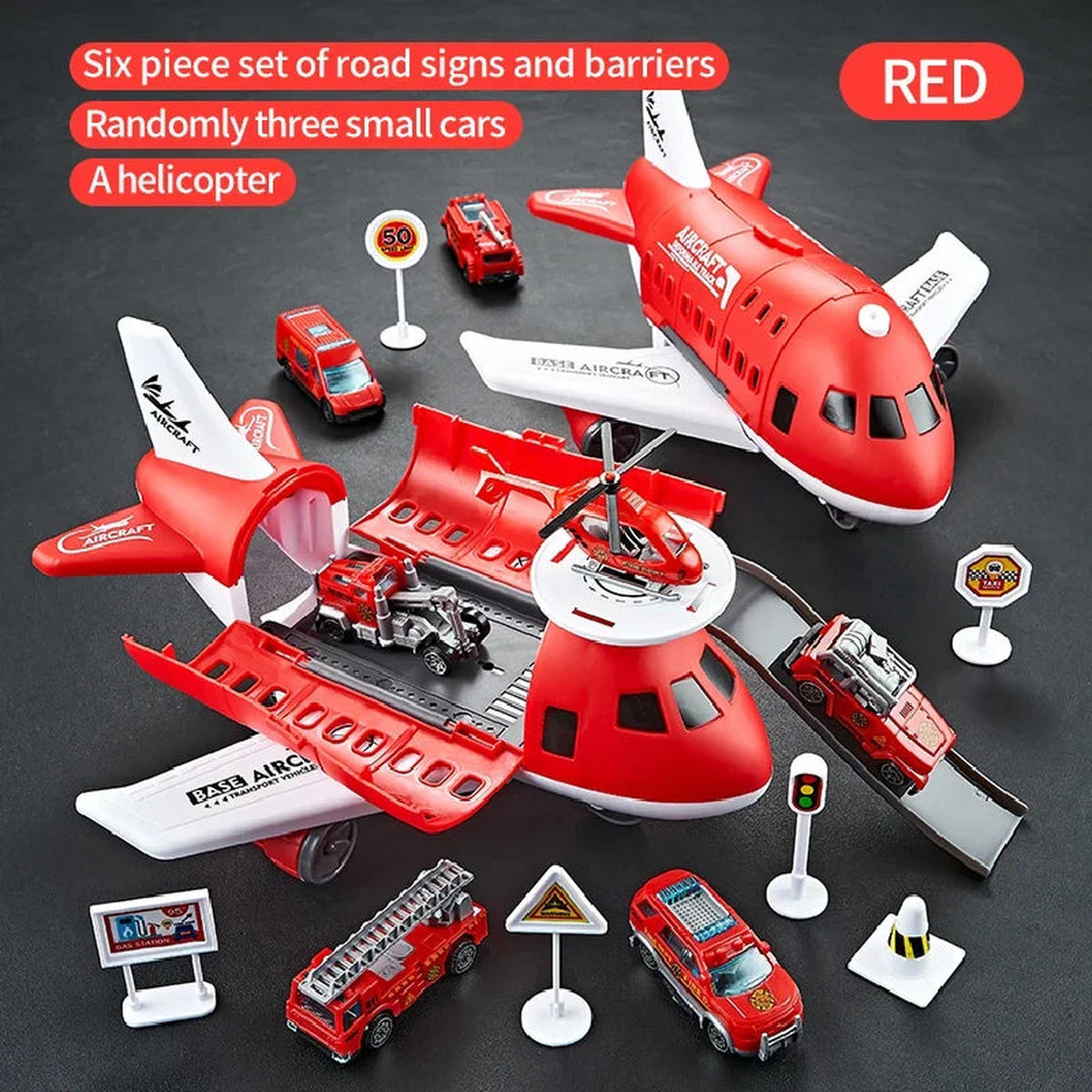 Lumiwee Cargo Airplane Toy Set with Cars and Helicopter, Red option