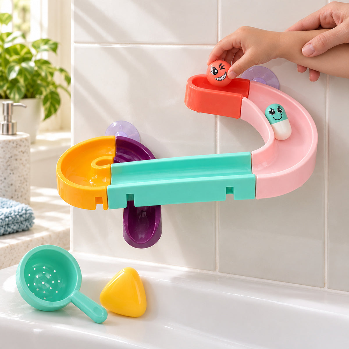 Lumiwee Cascade Water Track Bath Toy Set: child and adult hands placing the coral ball into the mounted track