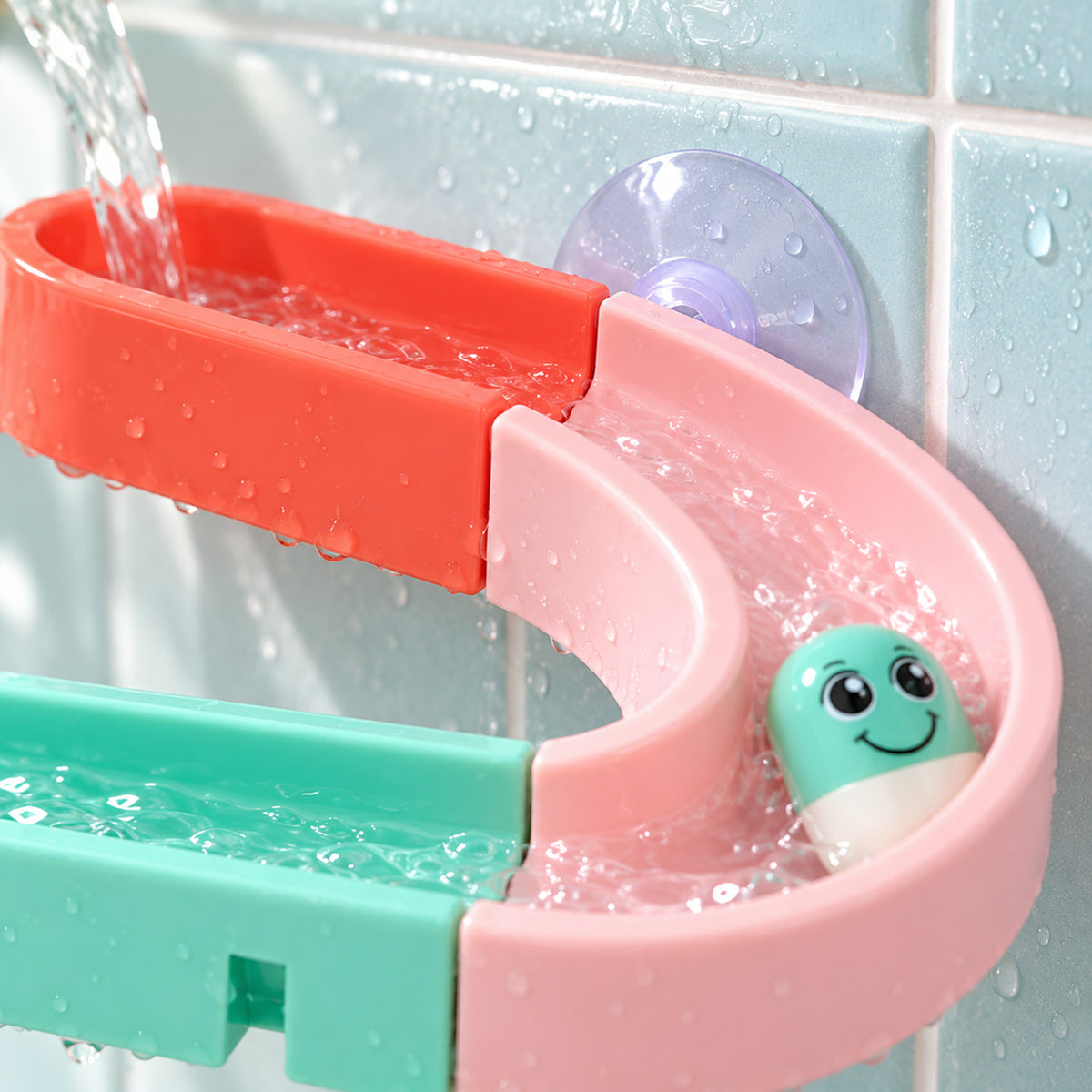 Lumiwee Cascade Water Track Bath Toy Set: close-up of a clear suction cup and interlocking curved track sections