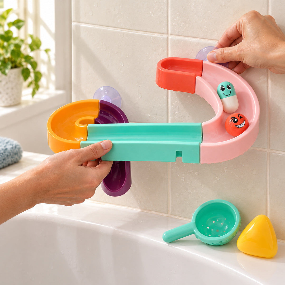 Lumiwee Cascade Water Track Bath Toy Set: adult hands pressing the suction-cup track onto bathroom tile