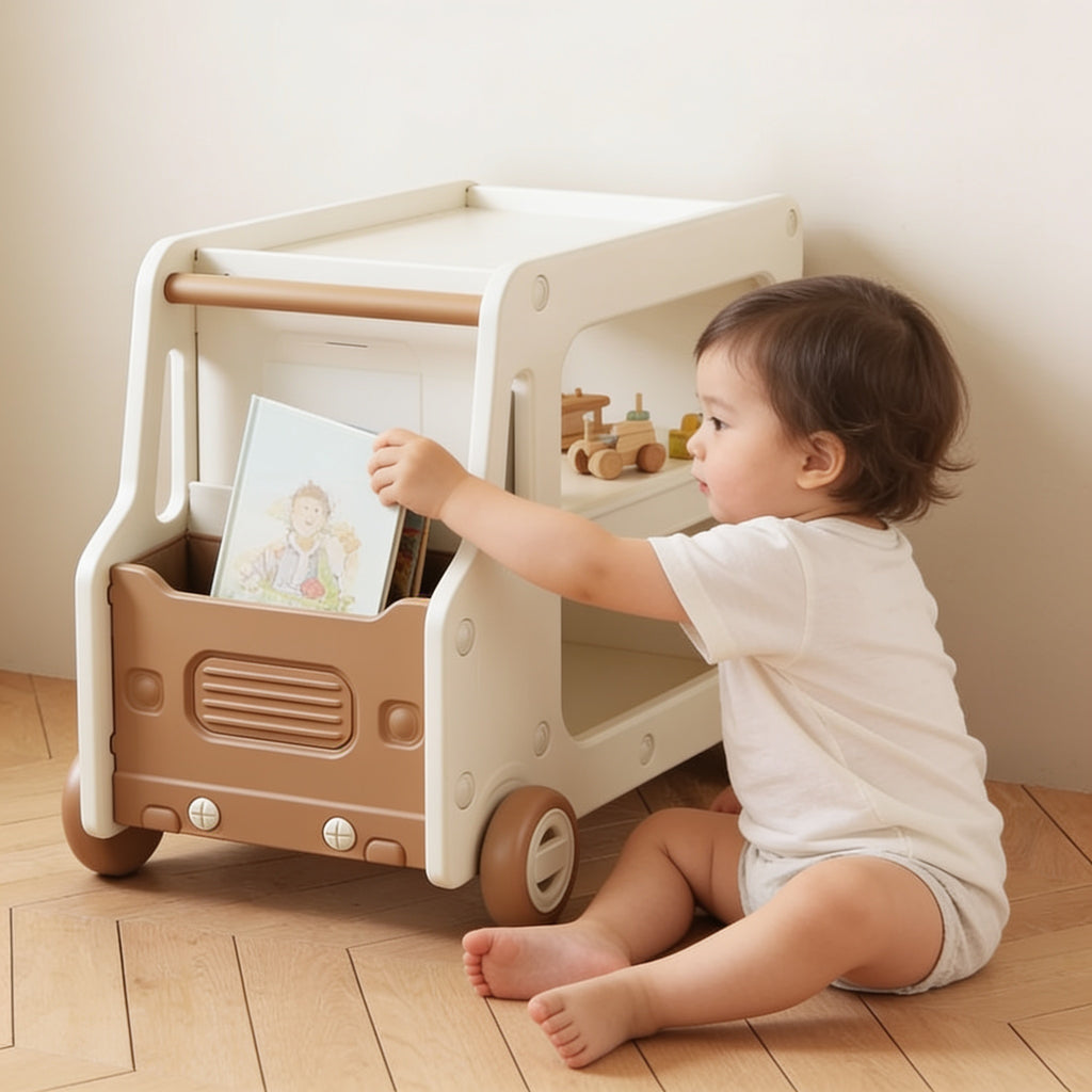 Lumiwee Cedar truck toy and book cart: toddler pulling a book from the front pocket