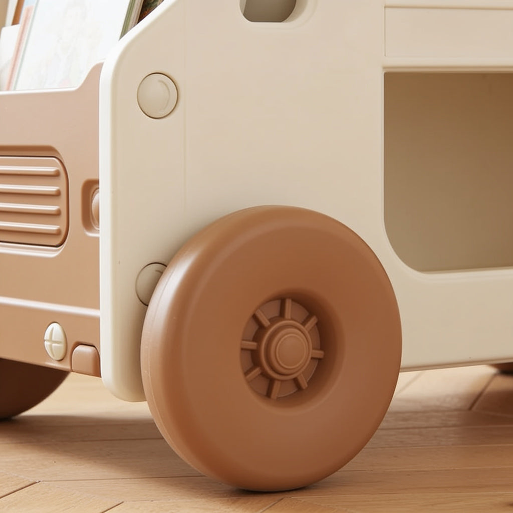Lumiwee Cedar truck toy and book cart: close-up of the wheel and front grille