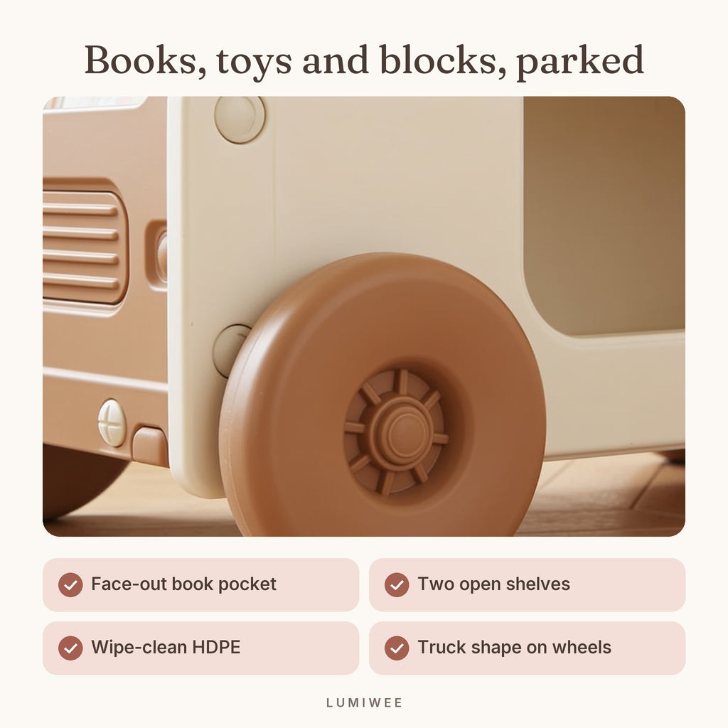 Lumiwee infographic: Cedar - Books, toys and blocks, parked