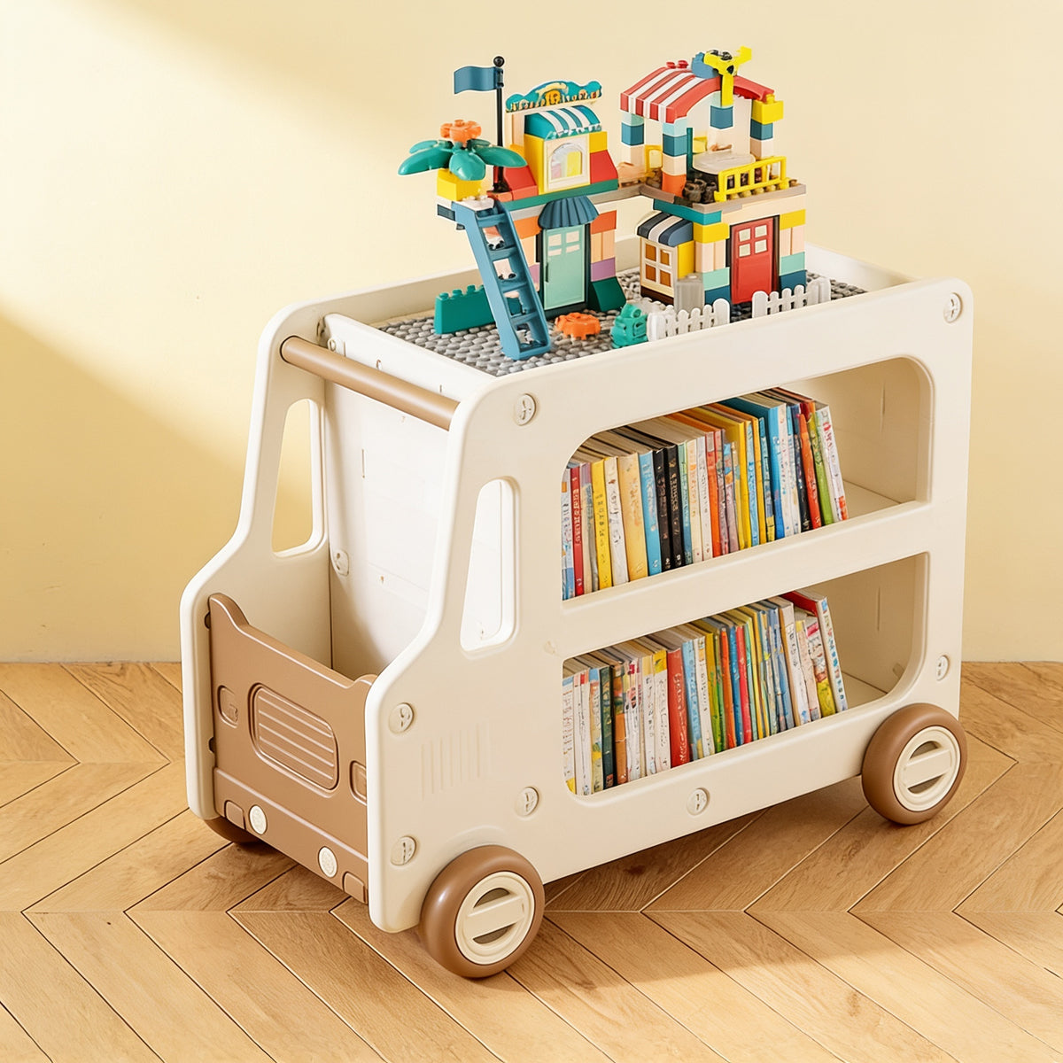 Lumiwee Cedar truck toy and book cart, Brown – With 120 Blocks option, in a bright room