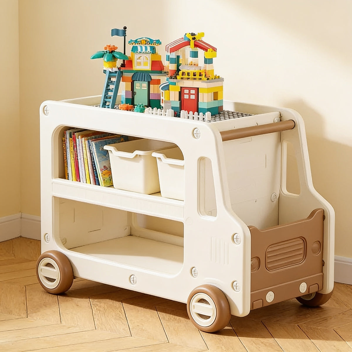 Lumiwee Cedar truck toy and book cart, Brown – With Blocks & Bins option, in a bright room