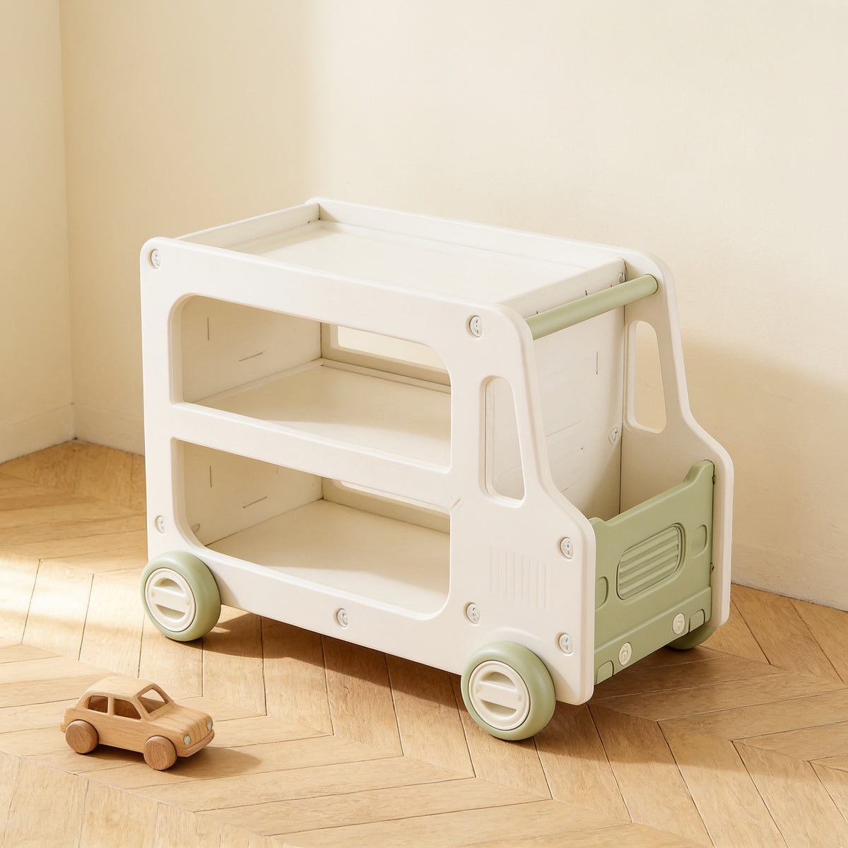Lumiwee Cedar truck toy and book cart, Green – Cart Only option, in a bright room