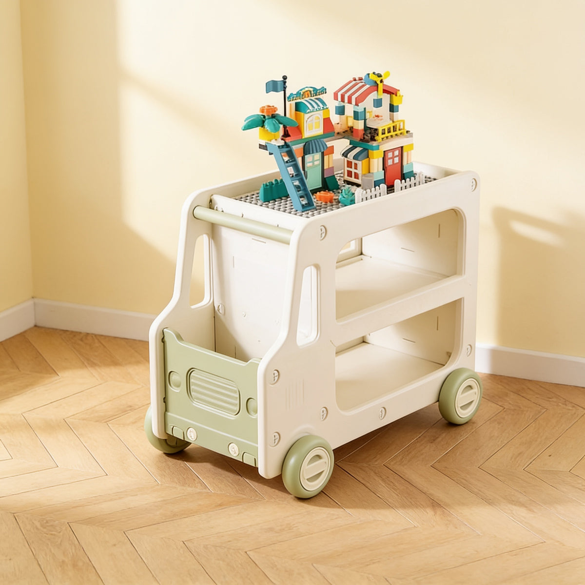 Lumiwee Cedar truck toy and book cart, Green – With 120 Blocks option, in a bright room